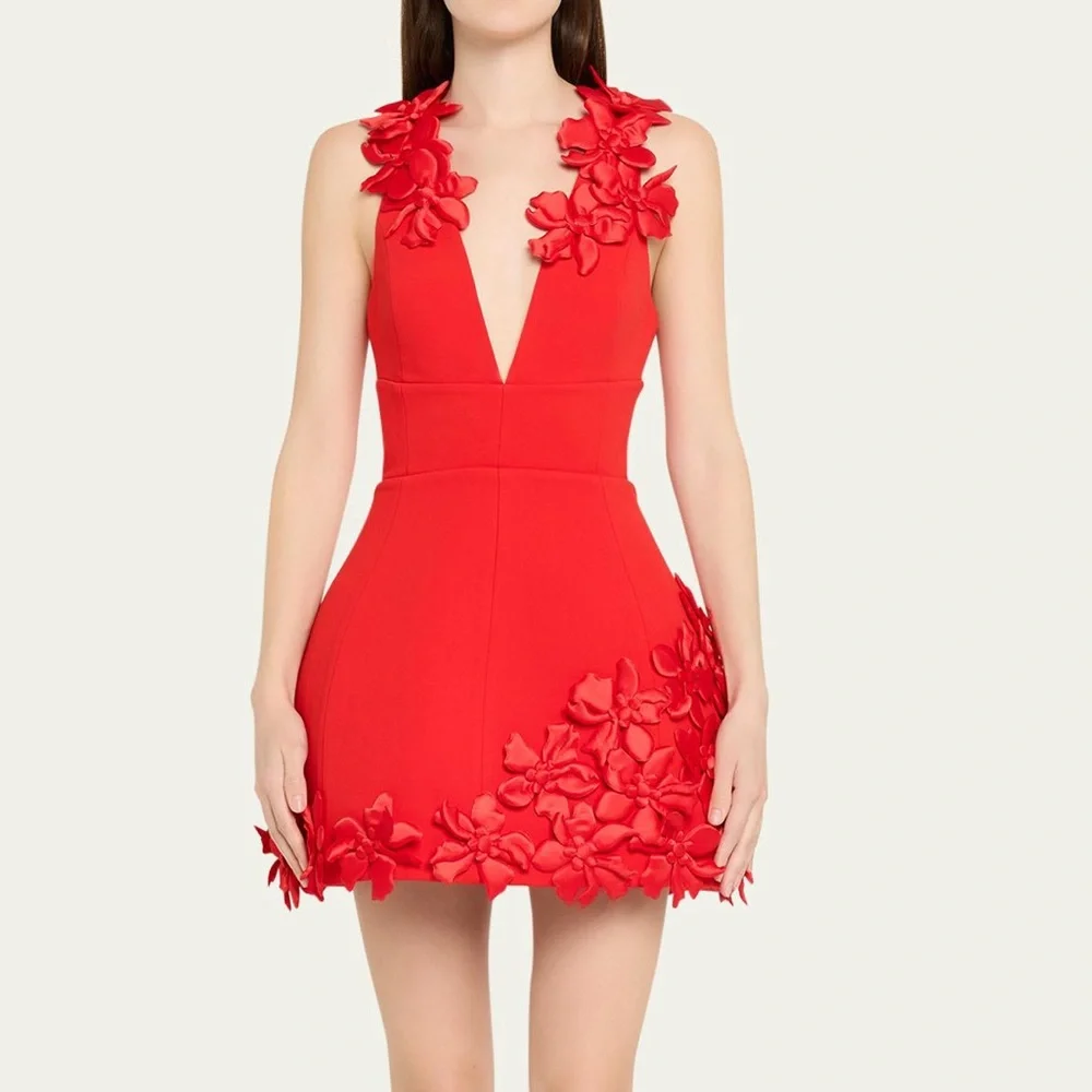 Bronx and Banco Red Floral Appliqué Deep V Mini Dress-RRP$895